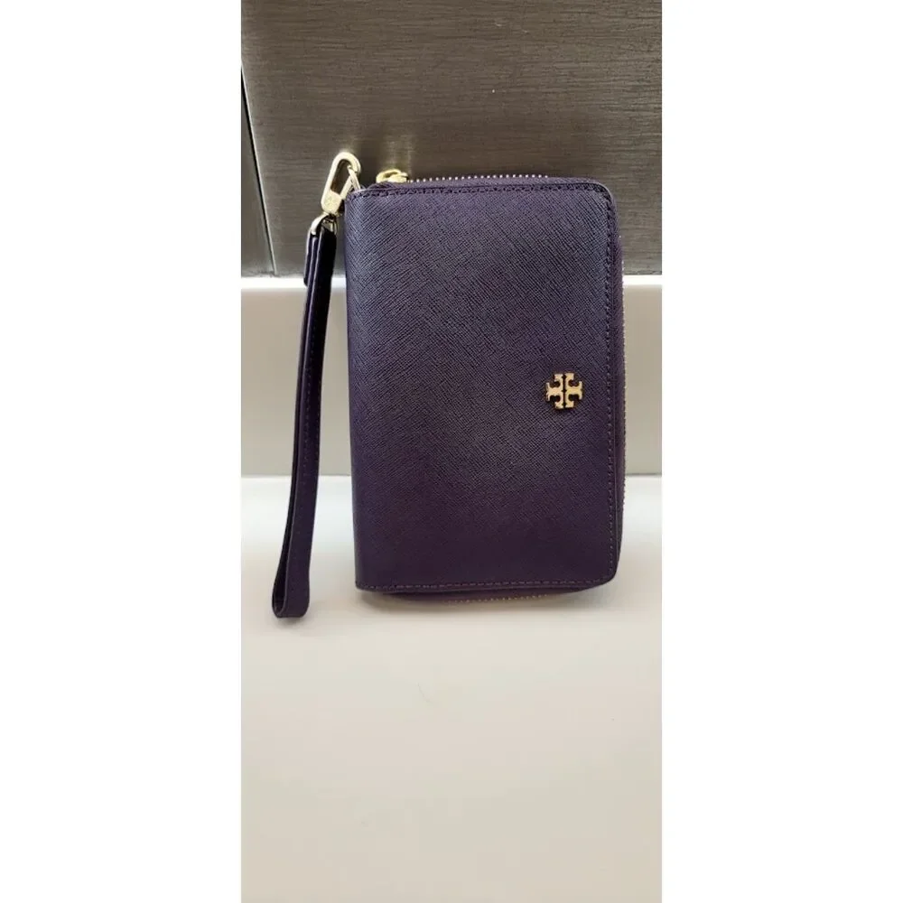 Tory Burch Saffiano Purple Leather Wrist-let Portfolio Wallet Ladies Cardholder - Picture 1 of 8